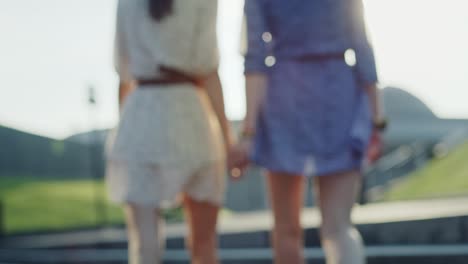 Rear-view-video-of-two-women-walking-and-holding-hands