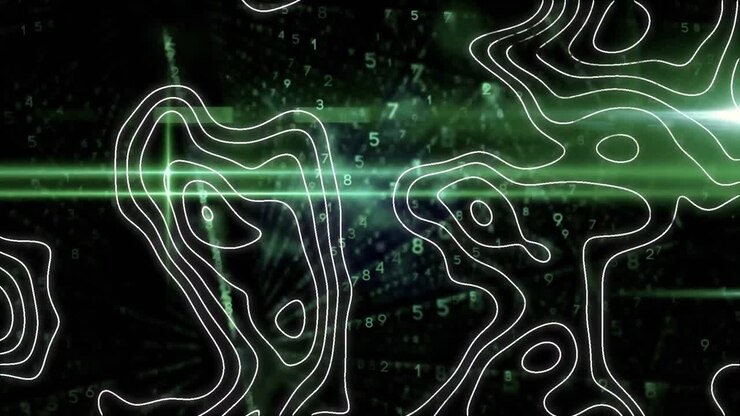 Animation of digital data processing over white lines and glowing green lights