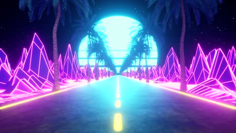 80s retro futurista ciencia ficción bucle sin costuras. retrowave vj paisaje de videojuego, luces de neón y cuadrícula de terreno de bajo poli. estilizado vintage vaporwave fondo de animación 3d con montañas, sol y estrellas. 4k