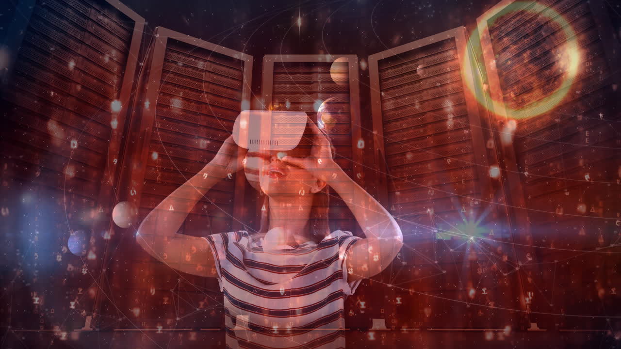Woman using VR with constellation background