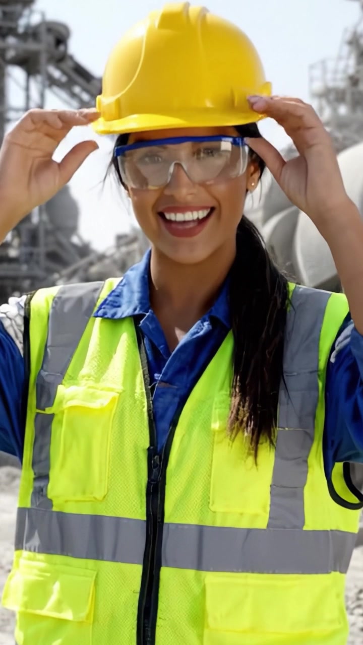 Operaio edile fiducioso con equipaggiamento di sicurezza che sorride alla telecamera, rappresentando empowerment e professionalità in un ambiente di industria pesante.