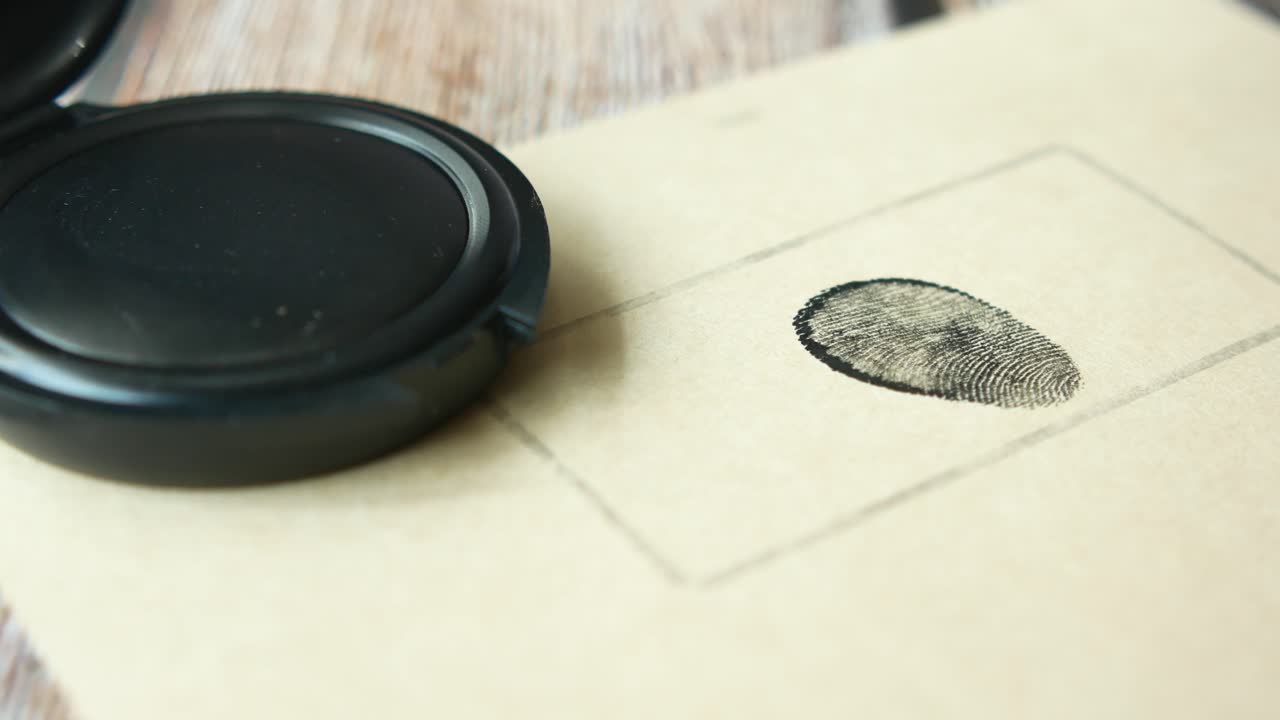 잉크 패드와 함께 종이에 있는 지문의 클로즈업