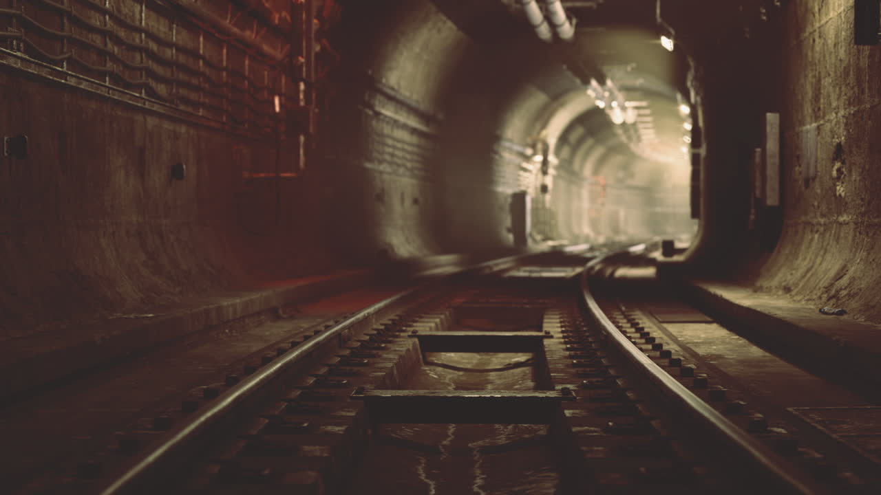 misterioso túnel subterráneo con vías de tren y efectos de iluminación suave