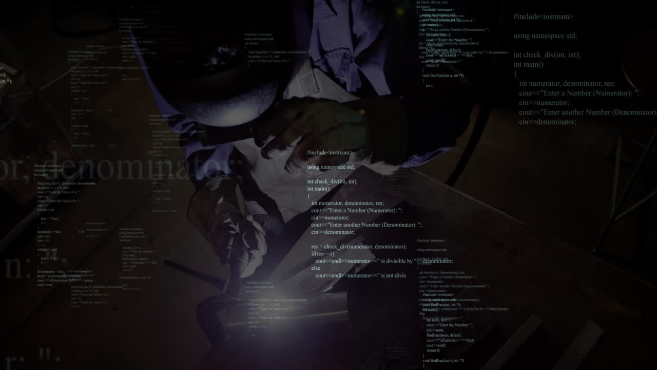 Woman welding metal workpiece in industrial workshop, with sparks flying and overlaid C++ code