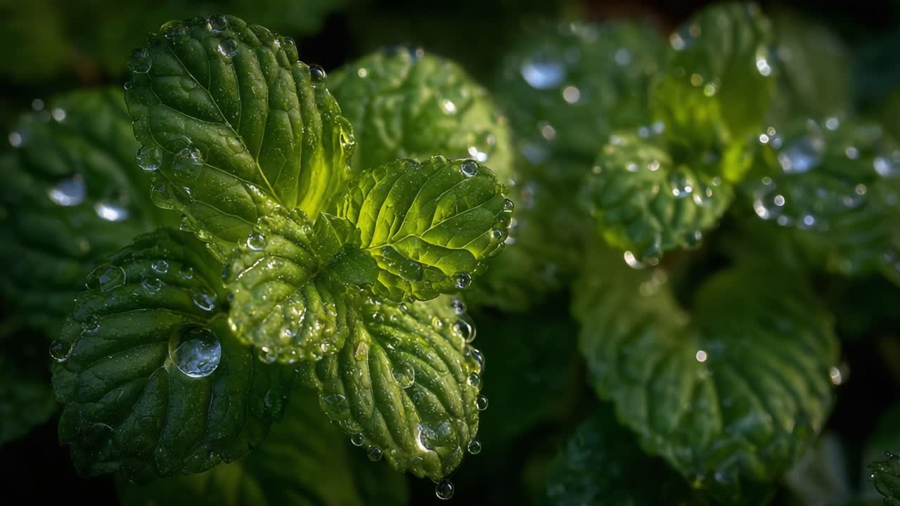 A Close-Up View of Fresh Mint Leaves Covered in Dewdrops, Showcasing Their Lush Green Color and Textured Surface in Beautiful Natural Light