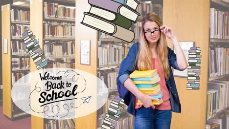 animación de bienvenida de vuelta a la escuela texto y libros cayendo sobre estudiante caucásica con libros