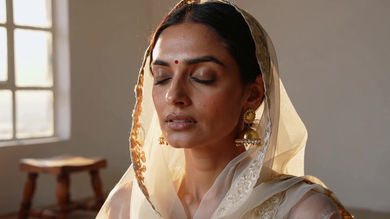 Indisk kvinna känner solljuset, blundar och vilar nära fönstret, bärande dupatta och jhumkas.