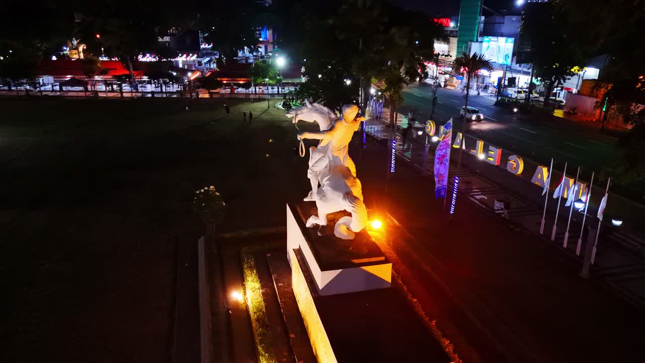 Aerial night shot of Diponegoro statue on the Magelang town square