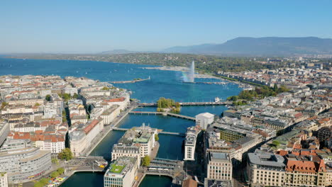 Paisaje-Urbano-De-Ginebra-A-Través-Del-Río-Ródano-Con-Vistas-Al-Lago-Leman-En-Suiza