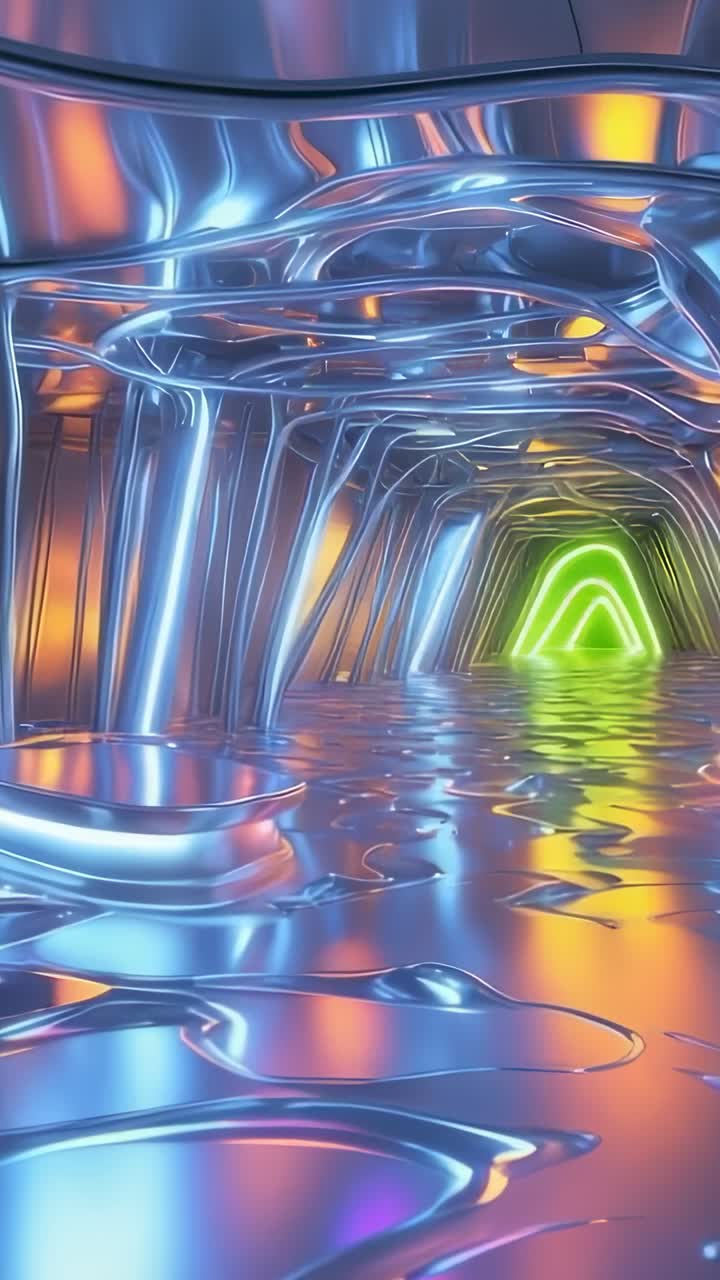 Vertical video: Gliding camera causing liquid floor rippling in tunnel, drawing eye to neon portal