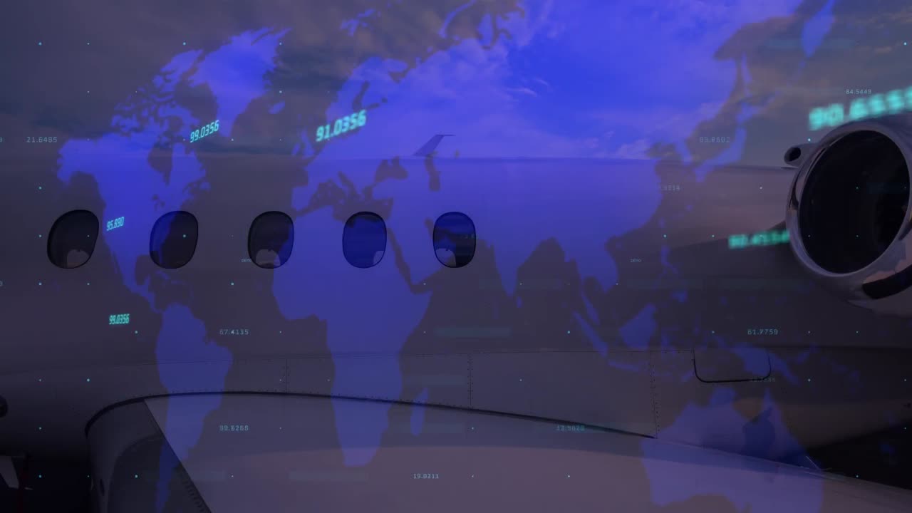 세계 지도와 평면에 대한 숫자 처리와 함께 데이터 처리 애니메이션