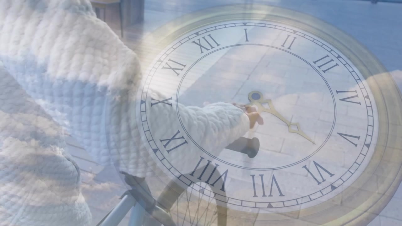 Animation of clock over african american man walking