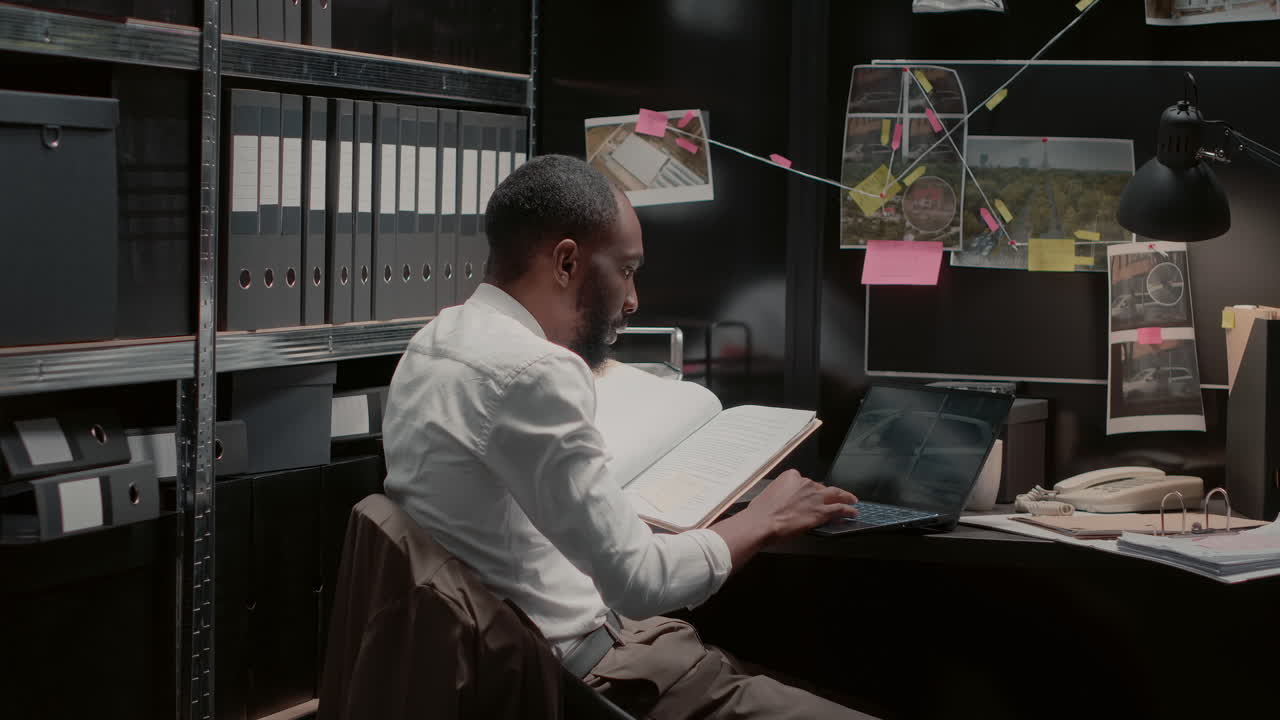 Detective reviewing evidence in office