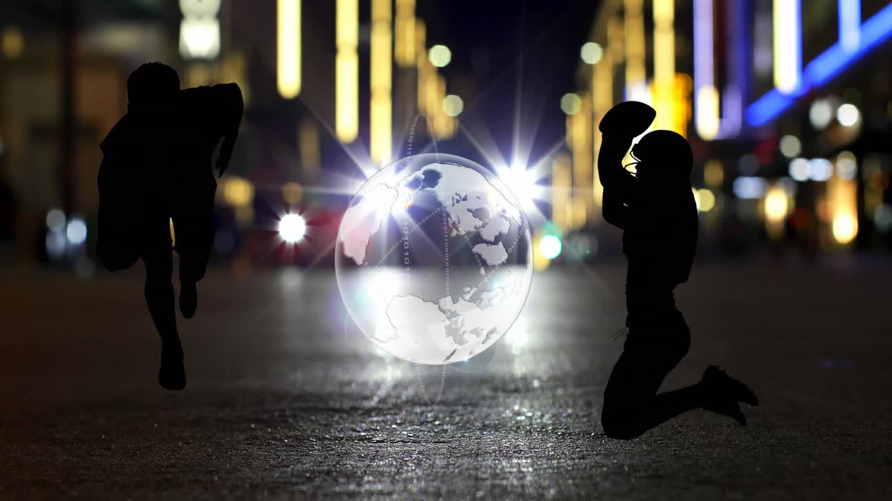 Animation of globe and american footballer silhouettes over car on city street at night