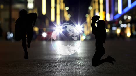 animación de siluetas de globo y futbolistas estadounidenses sobre el coche en la calle de la ciudad por la noche