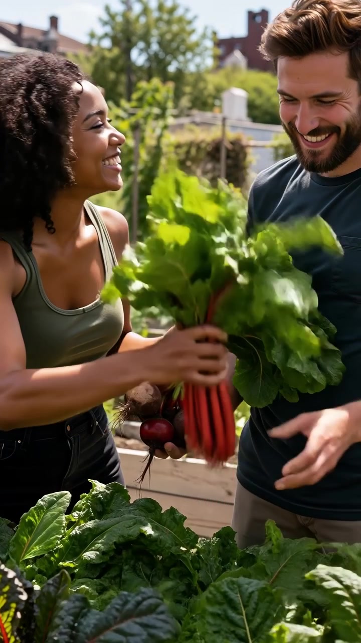 Happy man and woman harvesting fresh vegetables from a raised garden bed