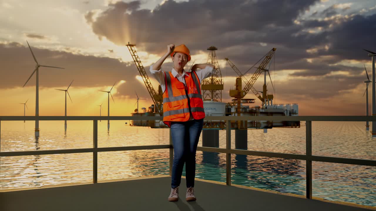 cuerpo lleno de ingeniera asiática con casco de seguridad gritando gol y bailando celebrando con la producción de hidrógeno