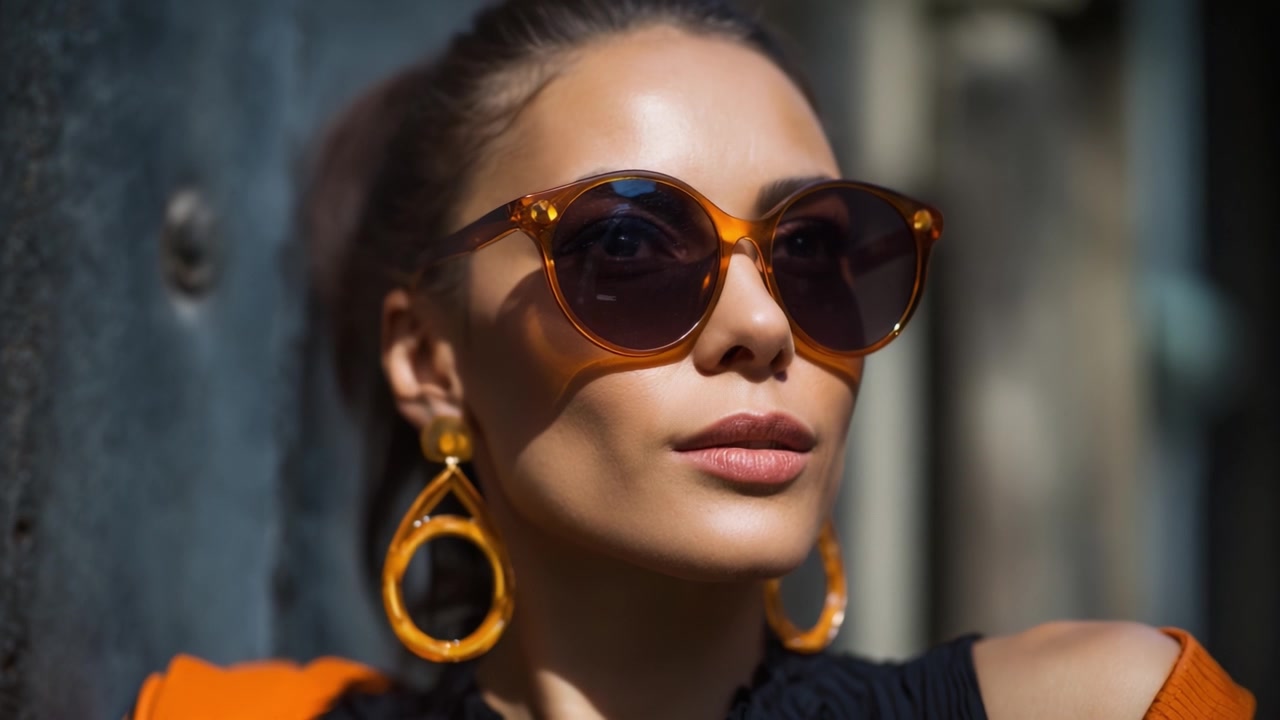 Una donna elegante con occhiali da sole e accessori audaci, catturata con dettagli mozzafiato, che evidenzia le moderne tendenze della moda e un'espressione unica sotto la luce esterna.