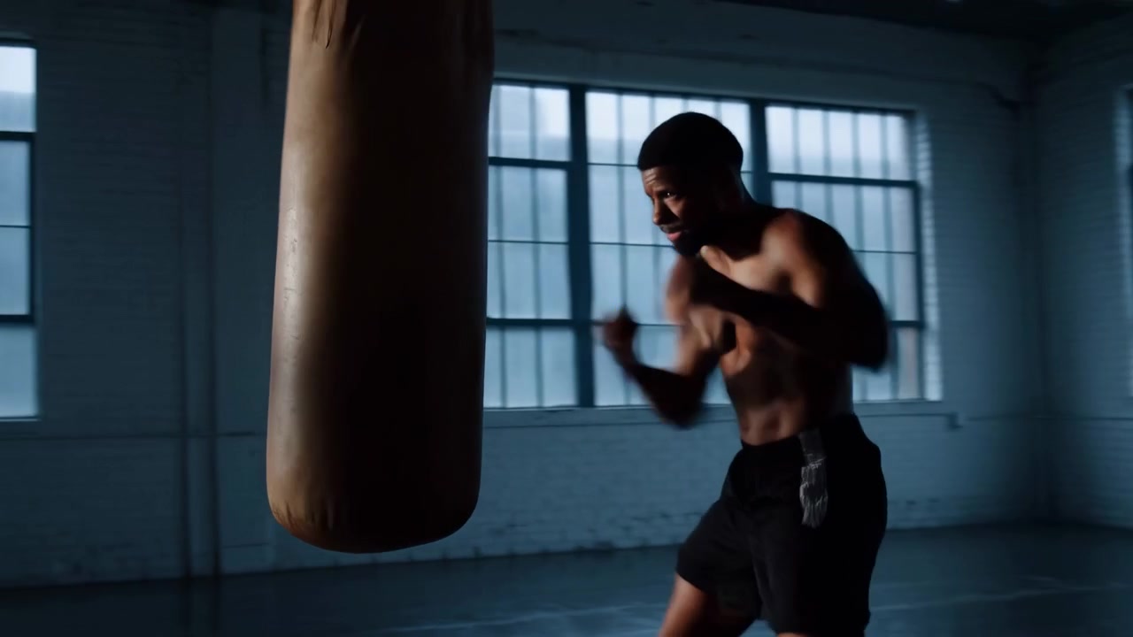 Un uomo si allena nella boxe in una stanza in stile industriale con grandi finestre, concentrandosi su un sacco da boxe. La scena è ripresa di lato, da un'angolazione leggermente bassa, enfatizzando la concentrazione dell'uomo.