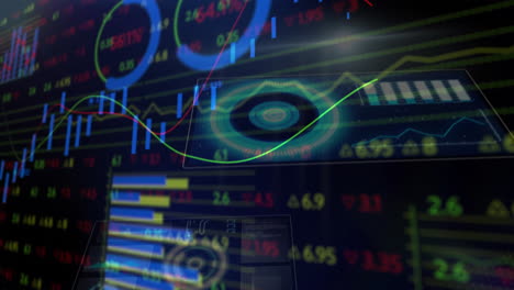 animated trading interface displaying blue candlestick bars, red green trend lines, numeric values