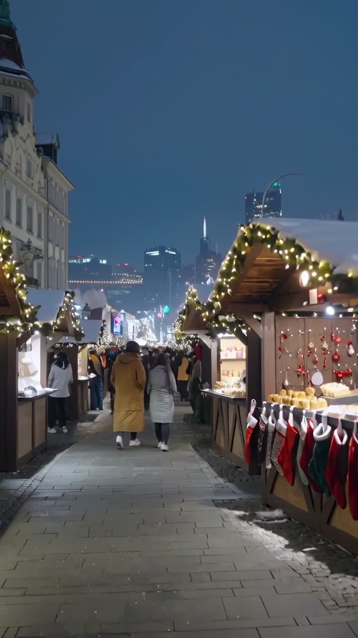 Vertical video: Entering market at dusk, two friends in winter coats browsing hanging stockings