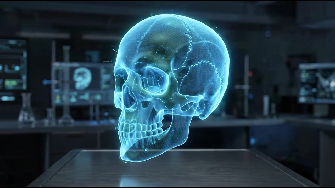 Monitor médico de laboratório exibindo modelo 3D holográfico de crânio humano