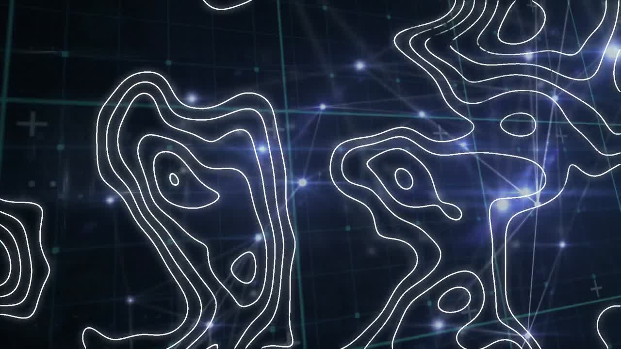 animación de líneas blancas del mapa sobre redes de conexiones con puntos brillantes