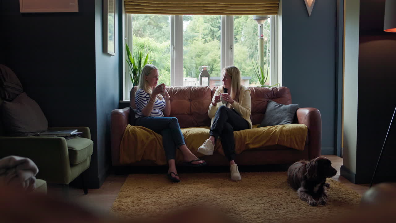 Two women having a conversation in a living room with a dog