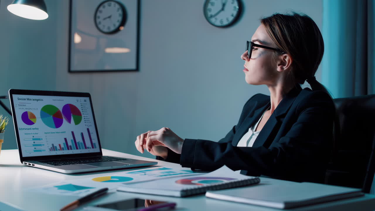 Businesswoman Analyzing Data at Night