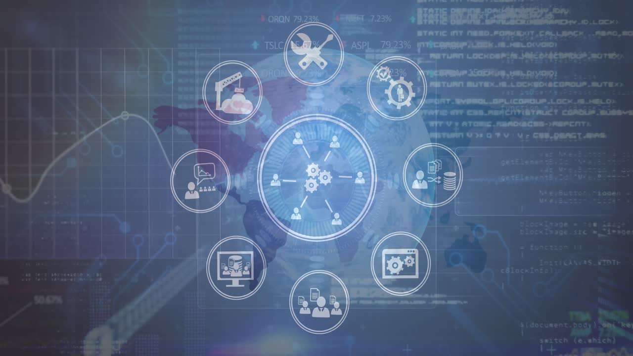 Animation of network of media engineering and people cions over world map and data processing
