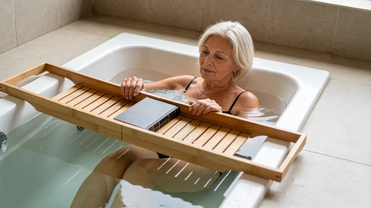 Reaching senior woman in black swimsuit adjusting wooden bath tray in tiled bathtub to read book