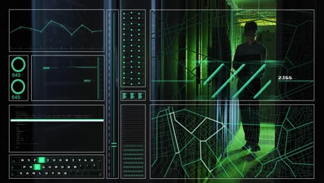 Animation-of-hud-screens-with-map,-graphs,-codes,-asian-engineer-with-laptop-checking-server-racks