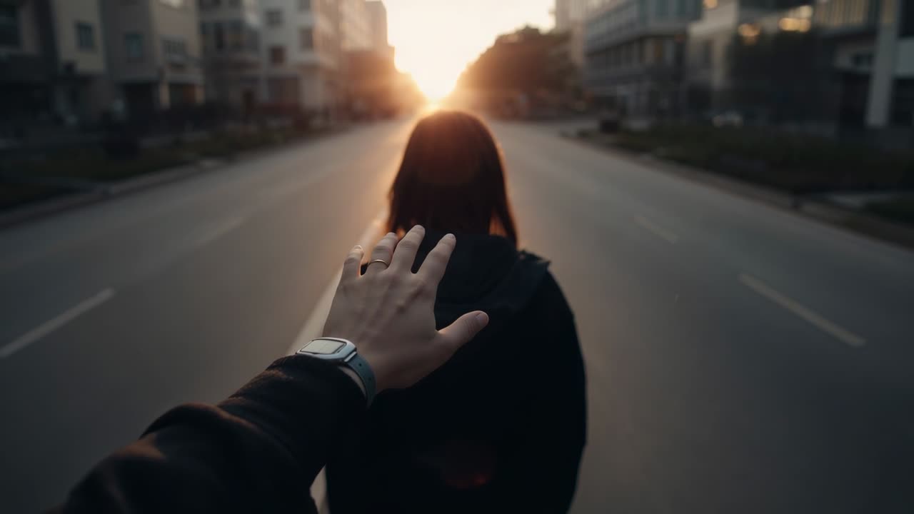 Câmera seguindo e filmando uma mulher de moletom andando em uma rua residencial em direção ao sol, observe