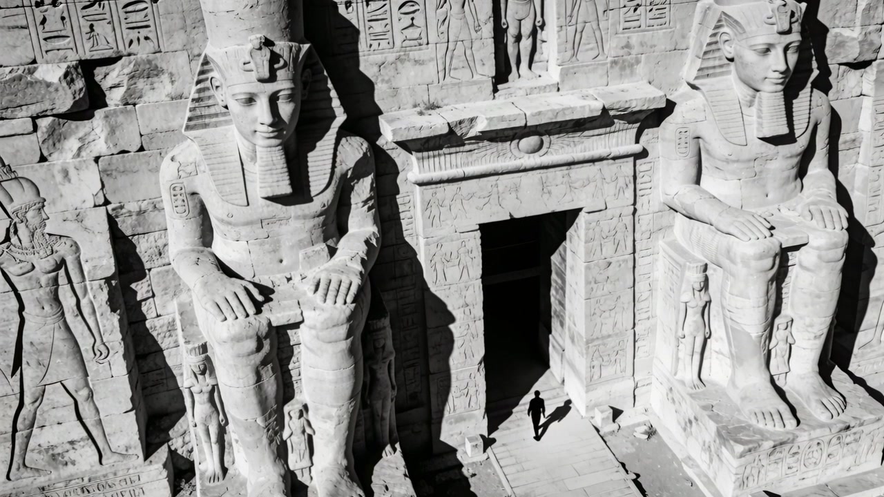 日差しが差し込む古代の寺院で、暗いコートを着た訪問者が、巨像の傍らを通り過ぎ、影になった出入り口へと向かっている。
