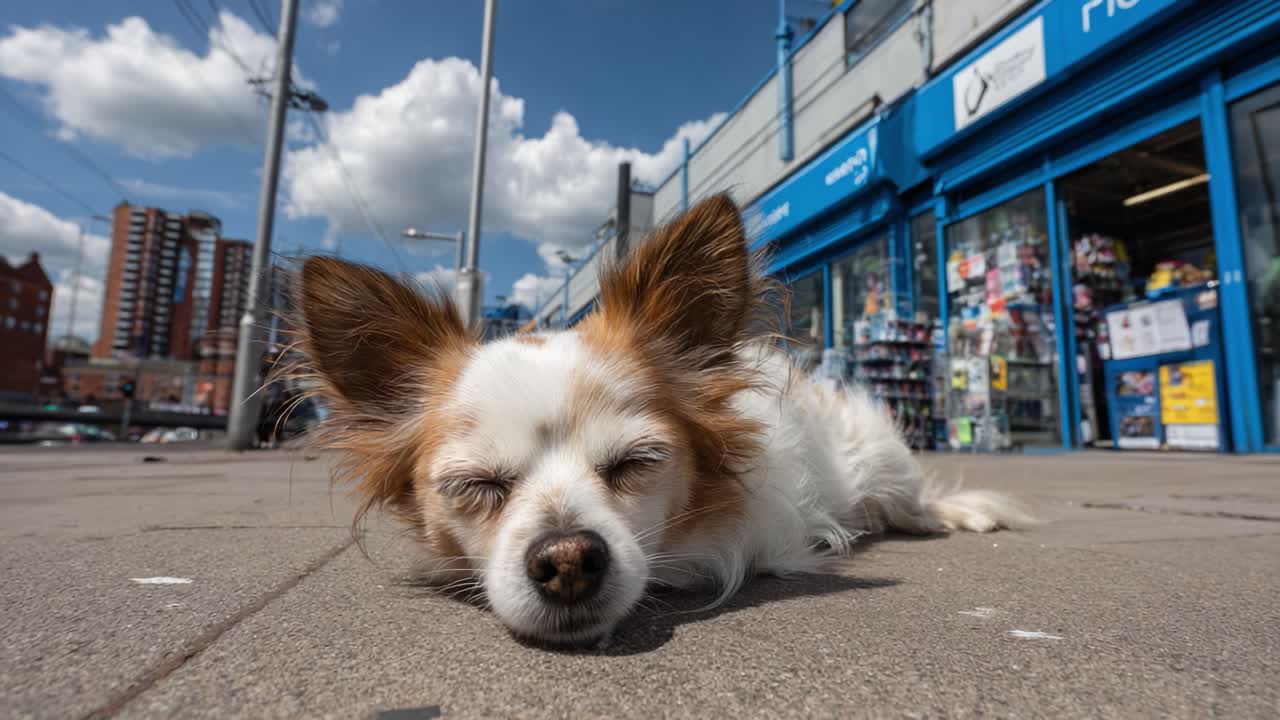 Un chien détendu profite d’une journée ensoleillée, allongé sur le trottoir devant une devanture colorée sous un ciel bleu lumineux avec des nuages duveteux