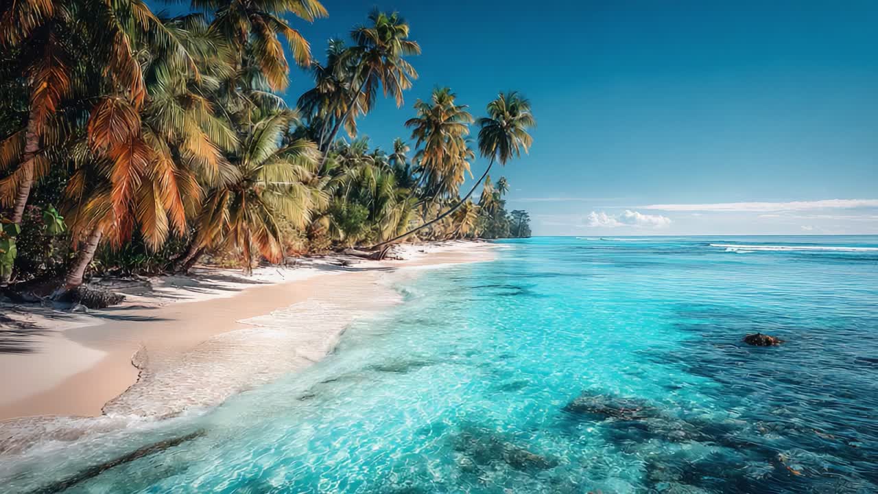 A Serene Tropical Beachscape: Lush Palm Trees Framing Tranquil Turquoise Waters and Golden Sands Under a Bright Blue Sky