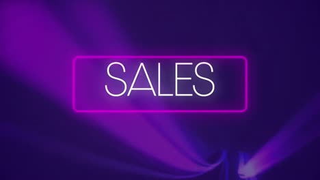 digital animation of sales text in neon rectangle frame against light trails moving on purple backgr