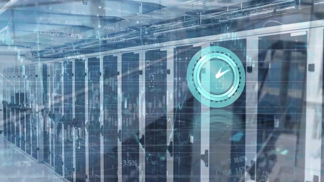 Animation of data processing over server room and clock moving