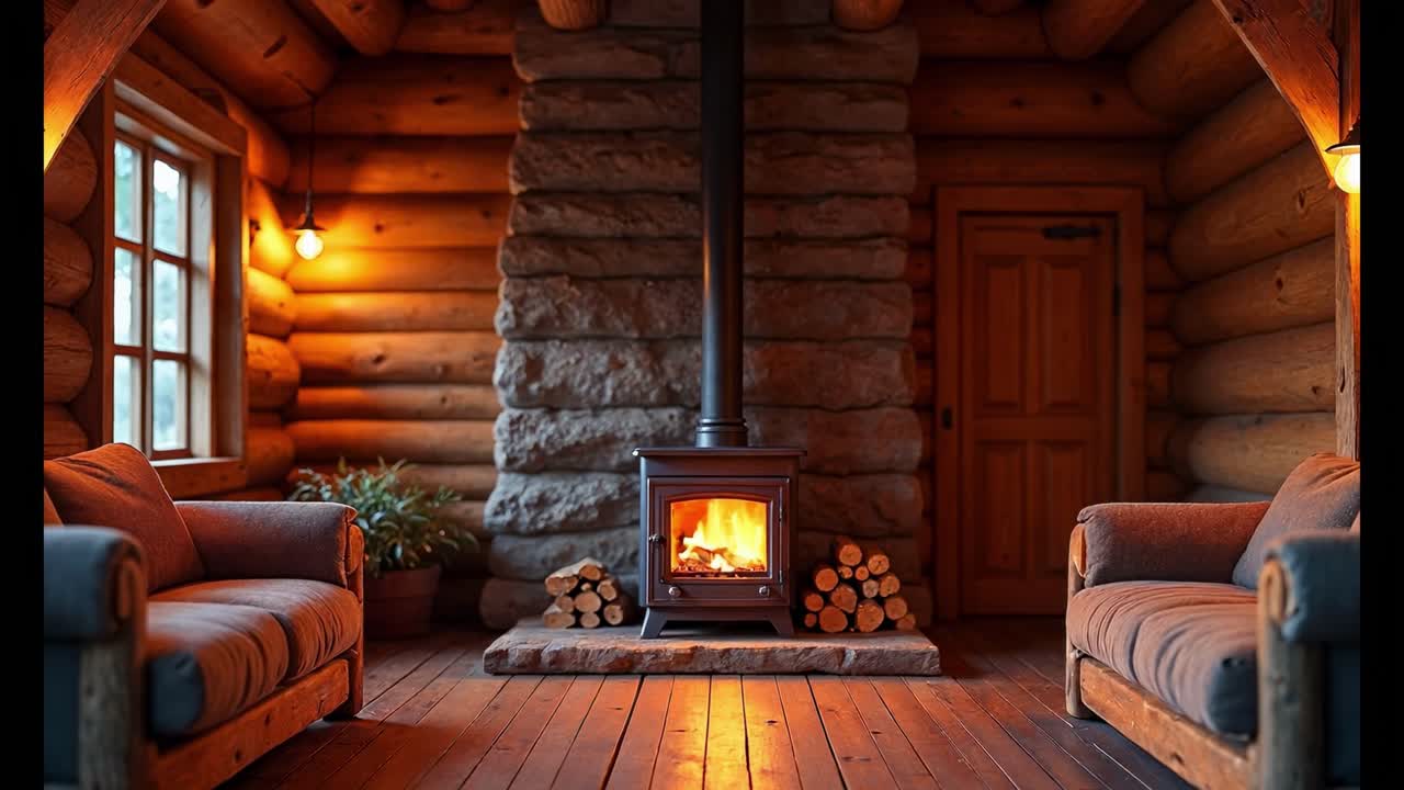 쾌적한 목조 오두막 거실과 벽난로