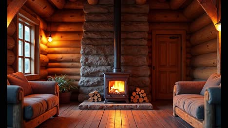 cozy log cabin living room with fireplace