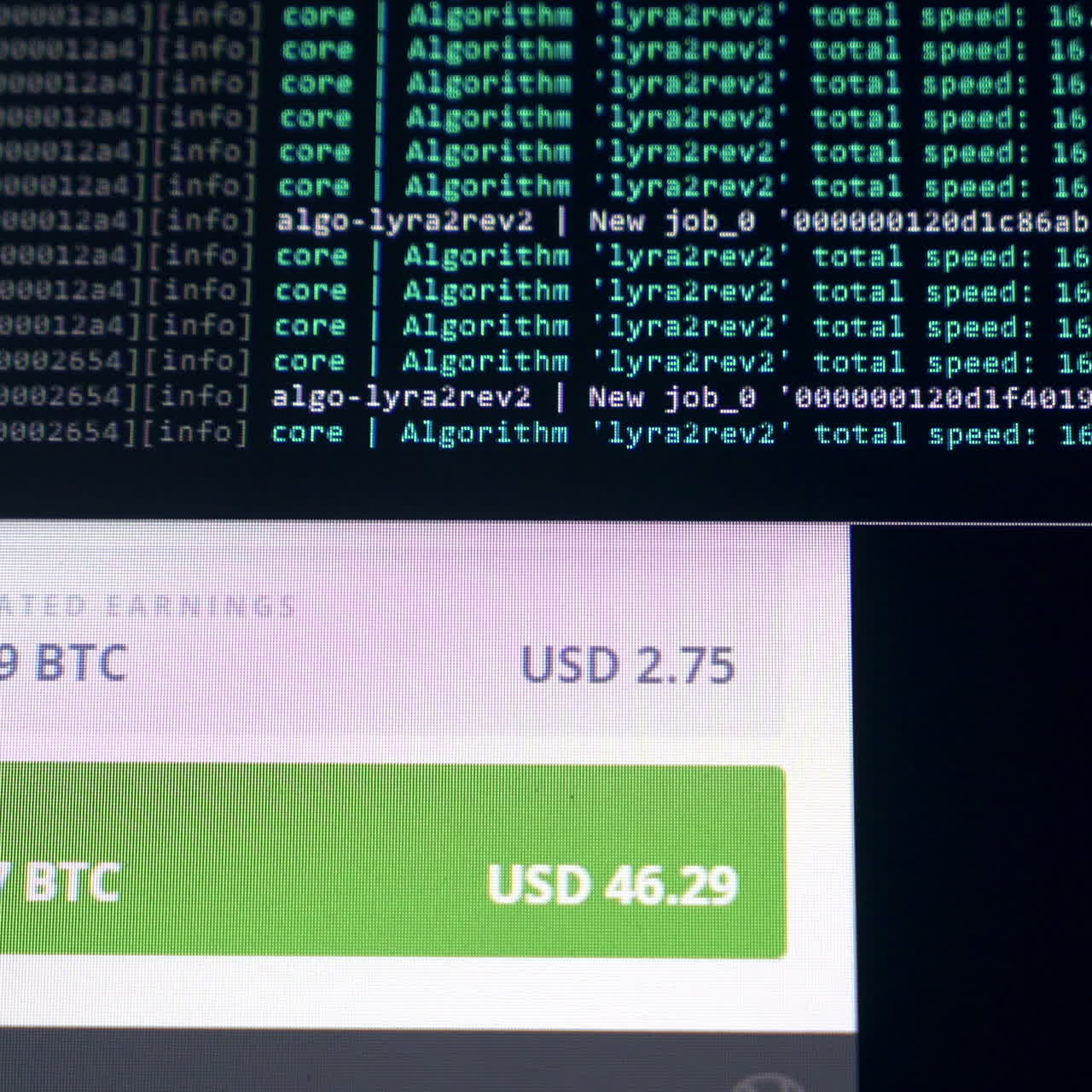 Binær datakode. Program for utvinning av kryptovaluta på PC-skjerm. Bruker programvare. Funnet del.