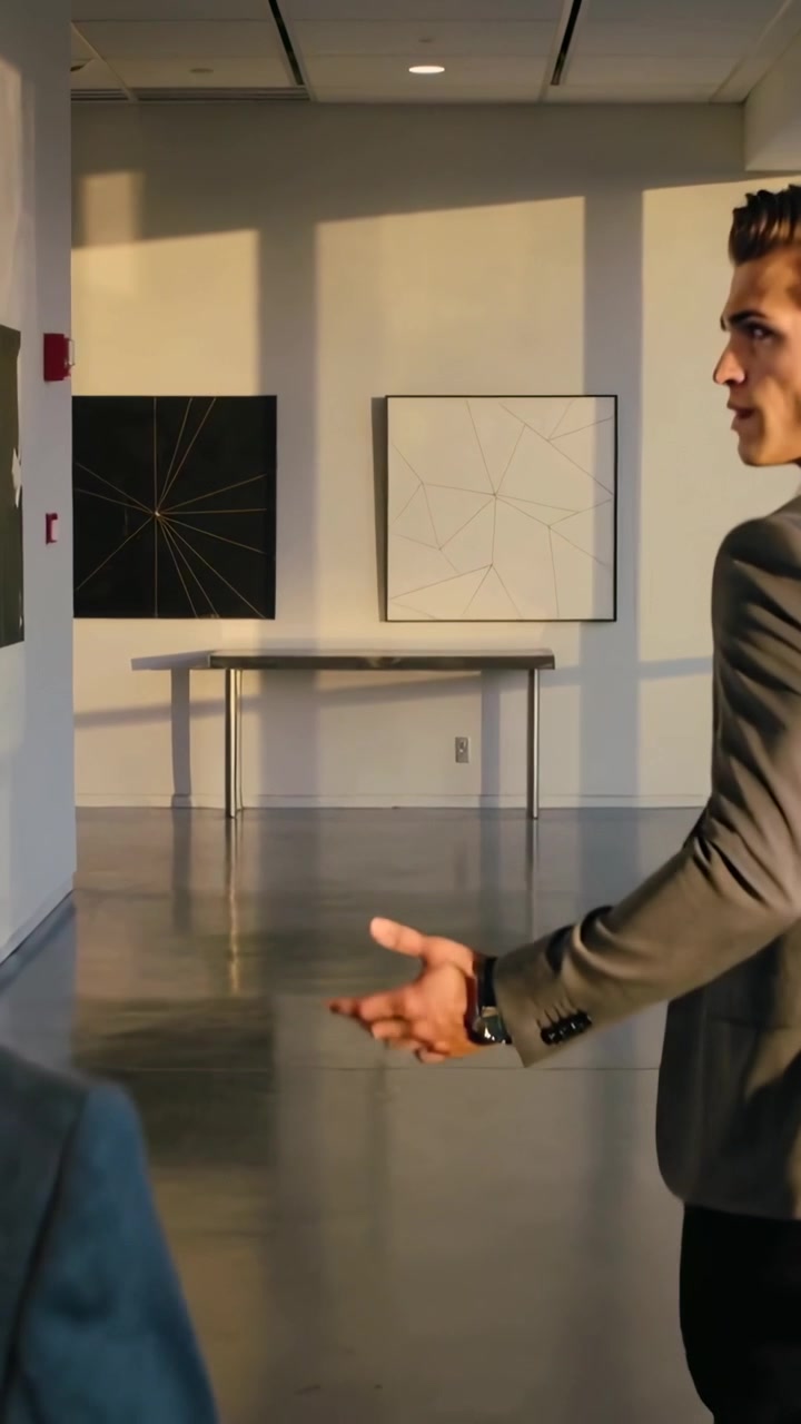 Video verticale: Uomo in blazer grigio che entra in una galleria, cammina e indica opere d'arte, con spazio per il testo.