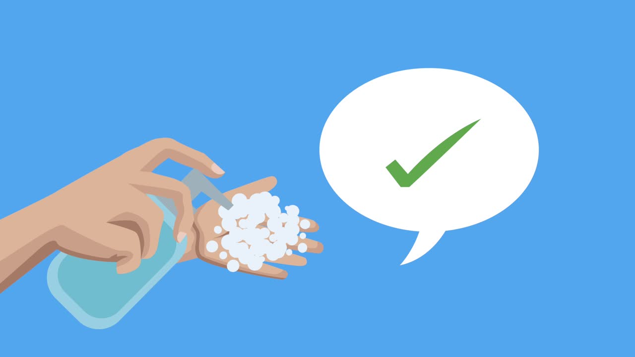 비누 병을 사용하는 손으로 코로나19 애니메이션