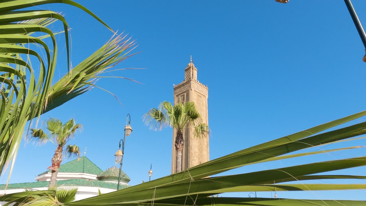 torre de la mezquita de ashohada vista a través de hojas de palma en la ciudad de rabat, marruecos