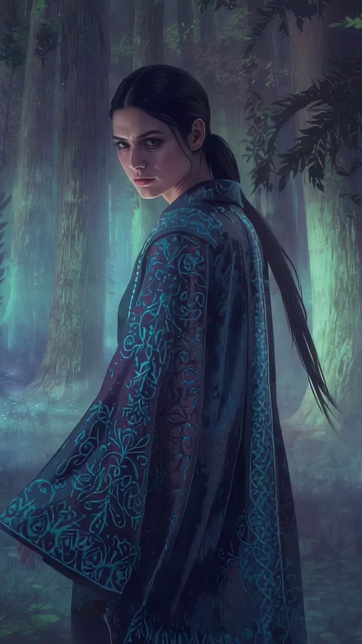 Vertical video: First frame coaxing teal-robed woman pivoting, gazing into misty woods, ponytail