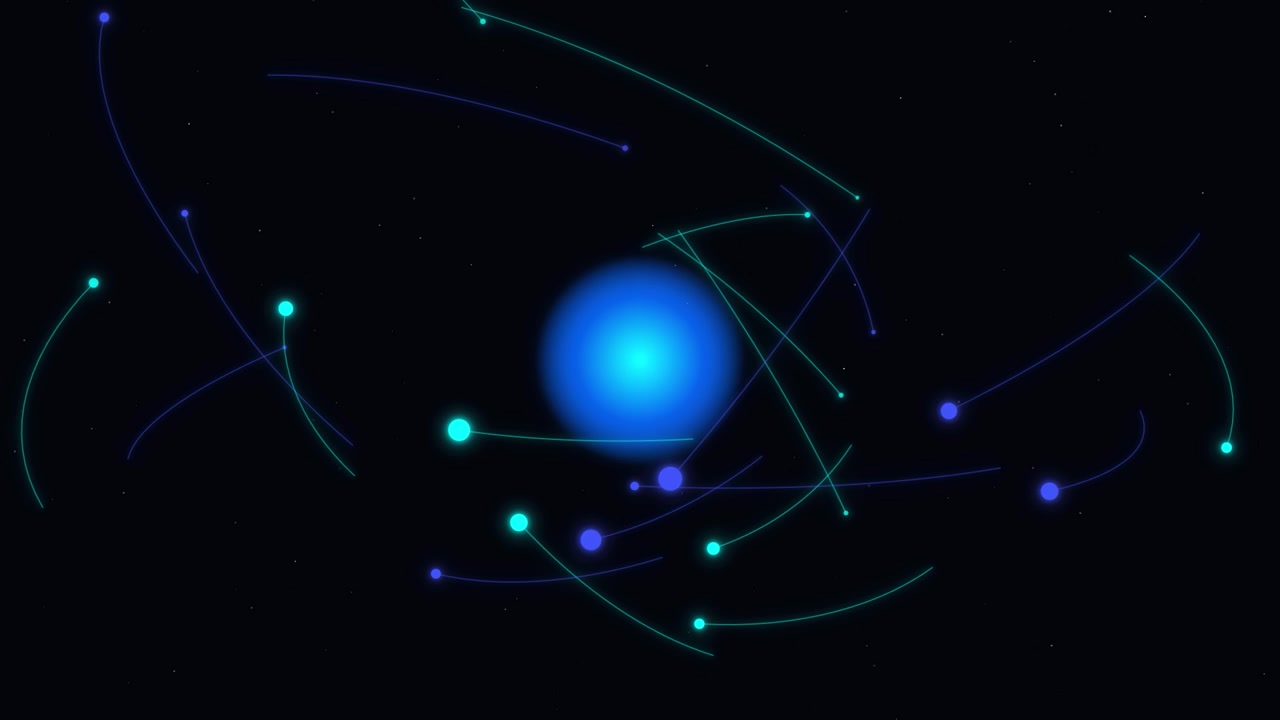 Abstract Animation of Glowing Particles Orbiting a Central Blue Sphere