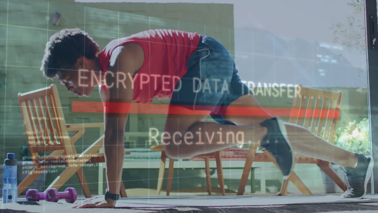 Exercising with encrypted data transfer animation overlaying scene, person focused