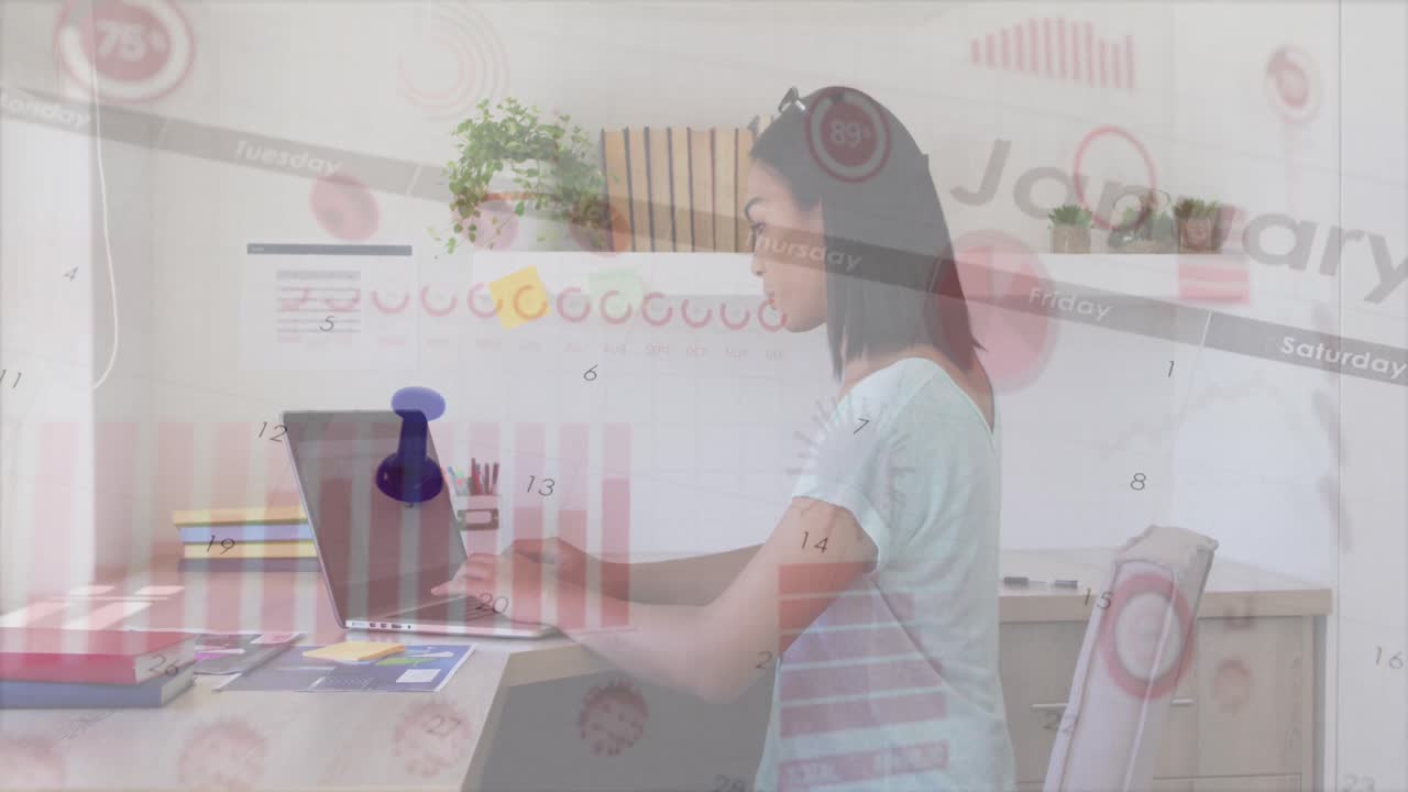 Animation of graphs and virus cells over asian woman using laptop