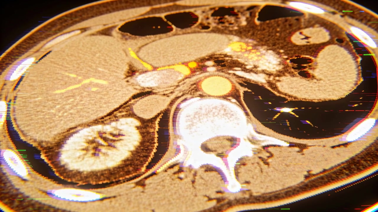 Luce cangiante su una TC assiale che mostra vertebra, aorta e rene, con riflessi sul monitor.