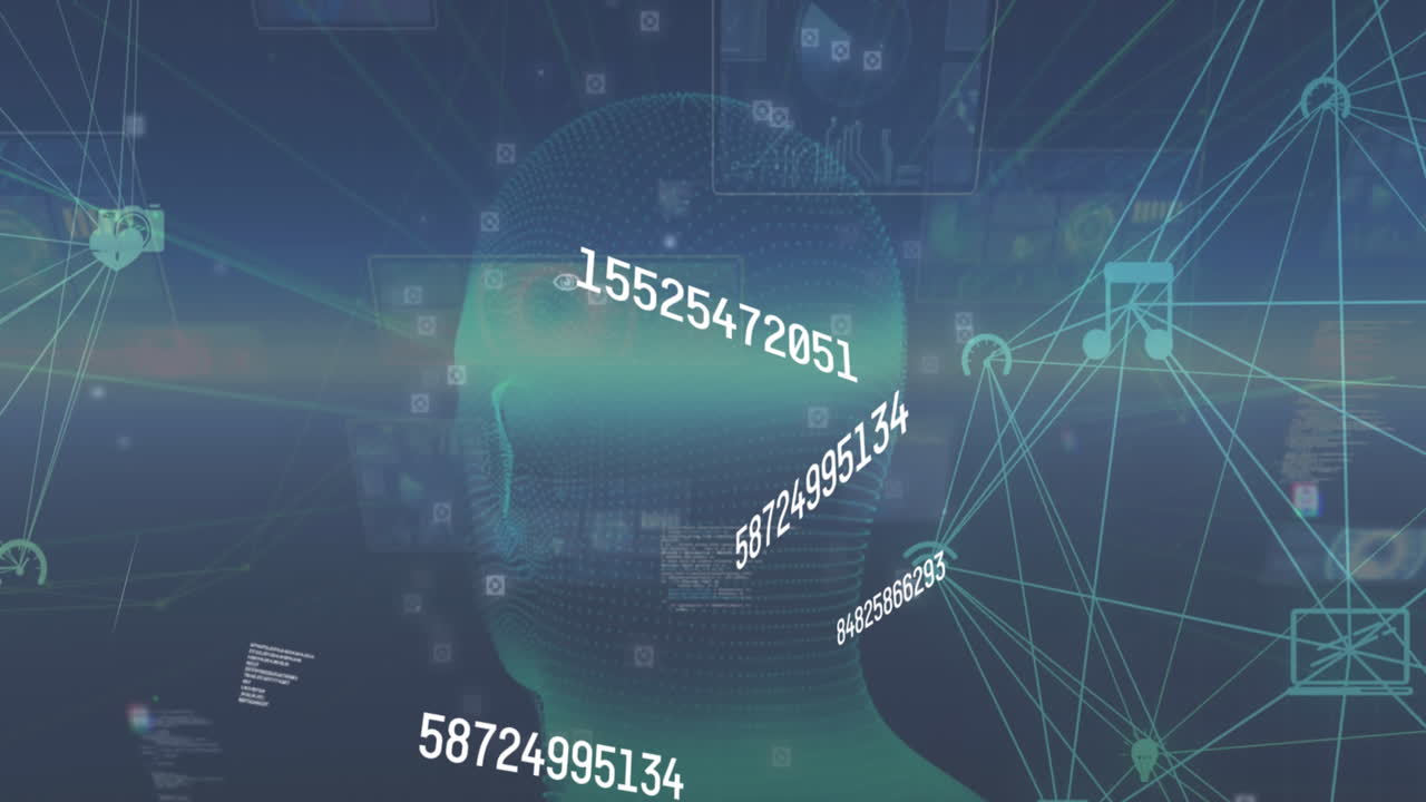 Animation of network of digital icons and changing numbers over spinning human head model